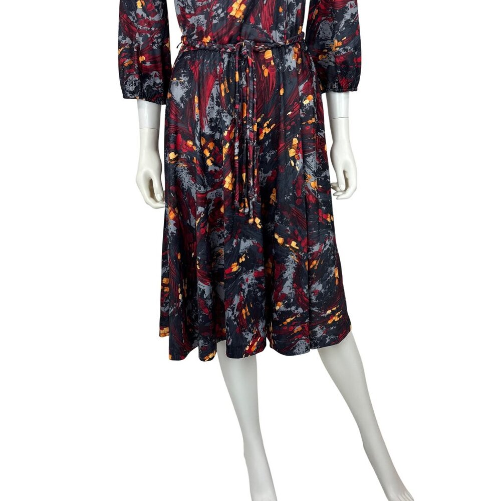 Vintage 70s Artsy Dress Womens Large Red Gray Abstract Print Braided Belt Fit An - Picture 6 of 11